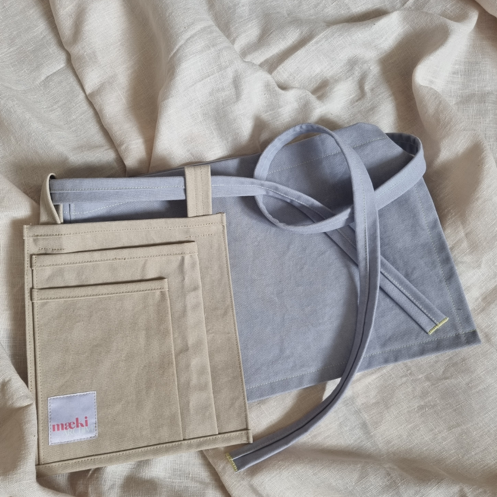 wrap apron - lavender, beige pocket