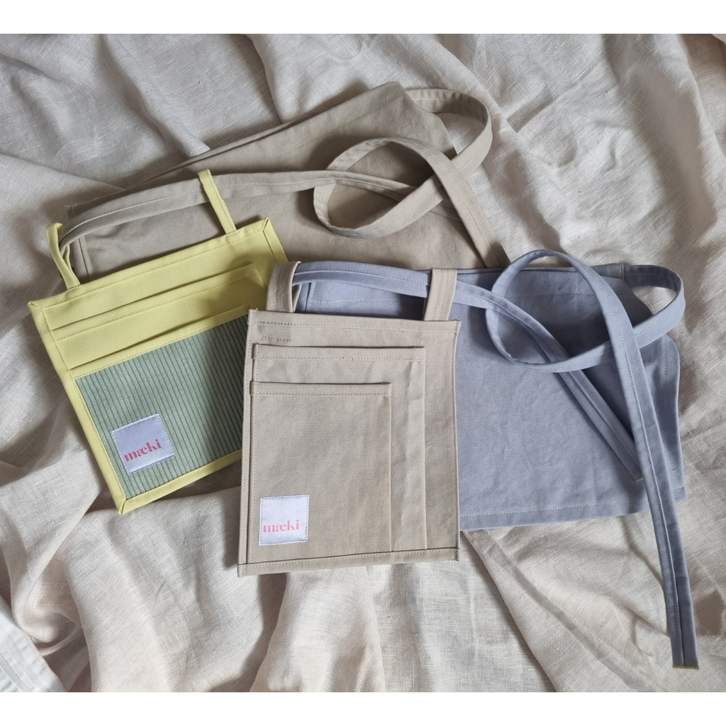 wrap apron - beige, yellow-green pocket
