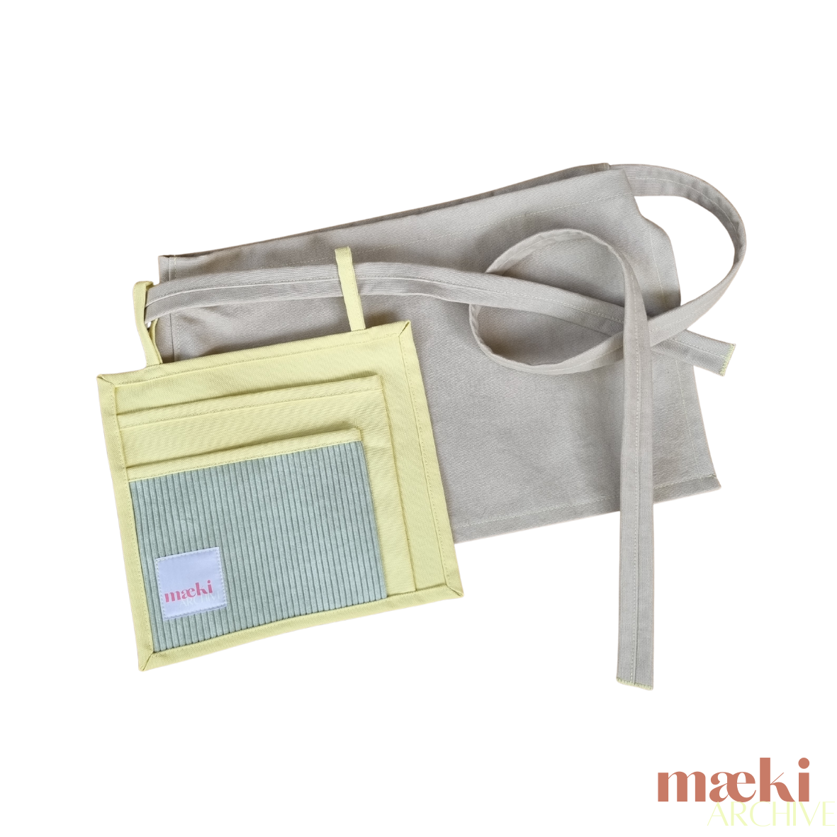 wrap apron - beige, yellow-green pocket